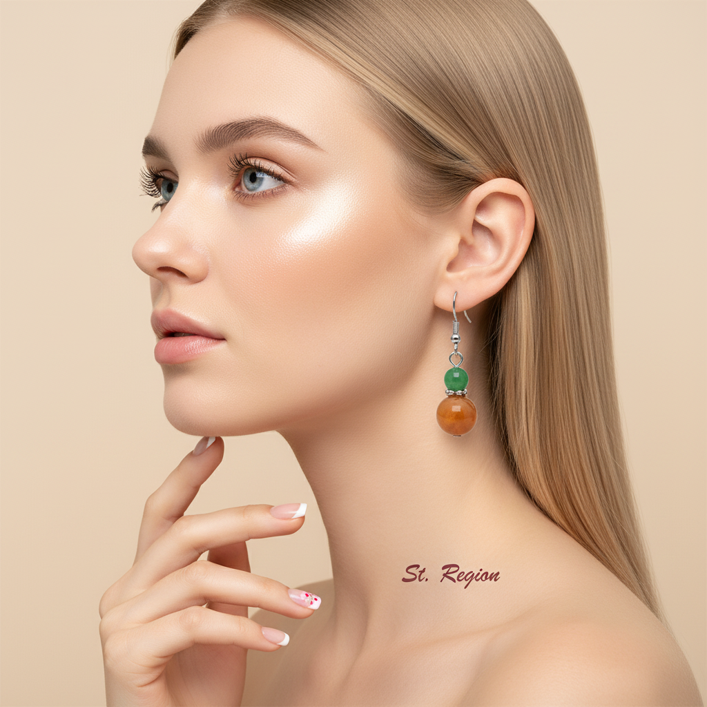 Green & Orange Jade Silvertone ‌Gourd-Shape Hook Earrings