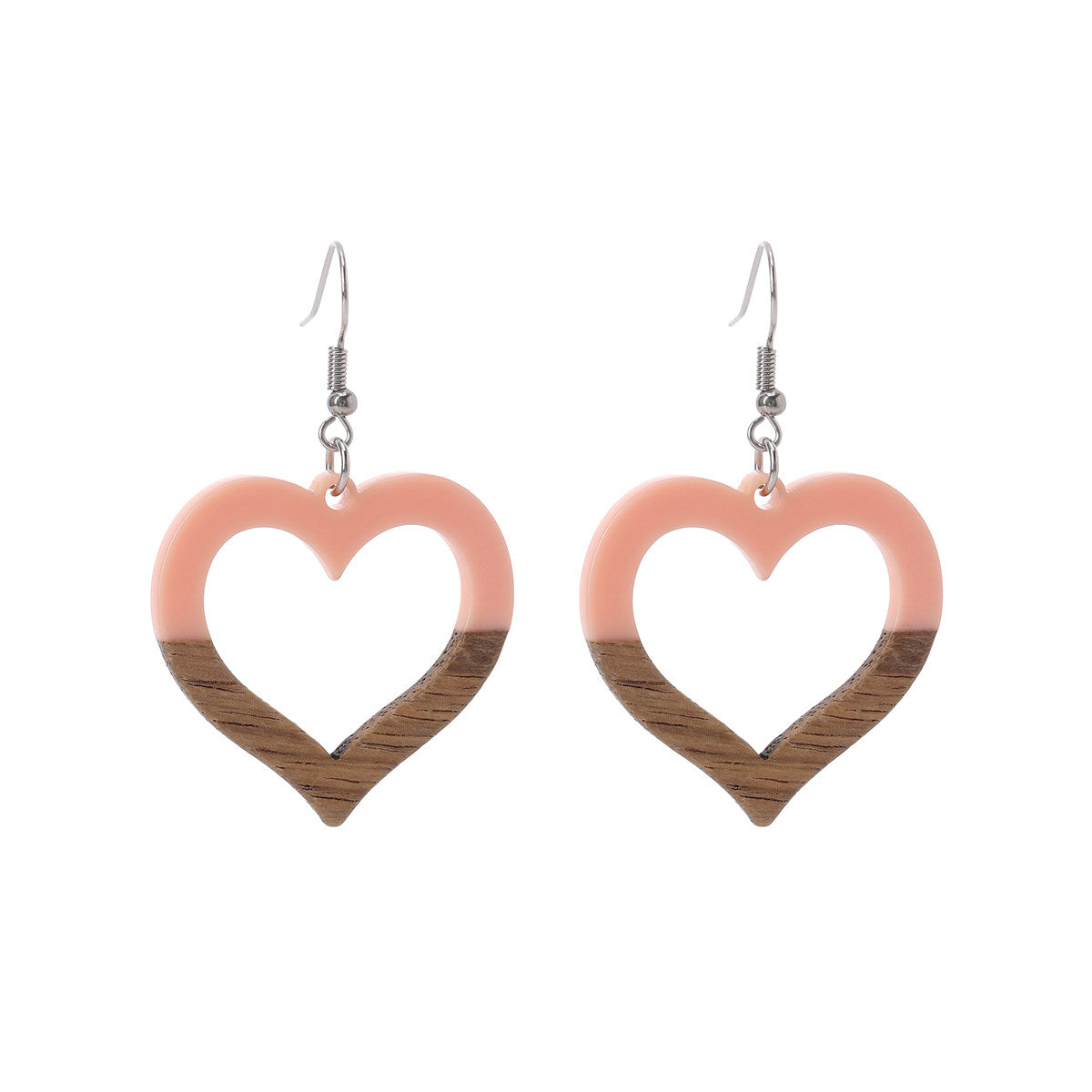 Pink Resin & Wood Silvertone Open Heart Hook Earrings