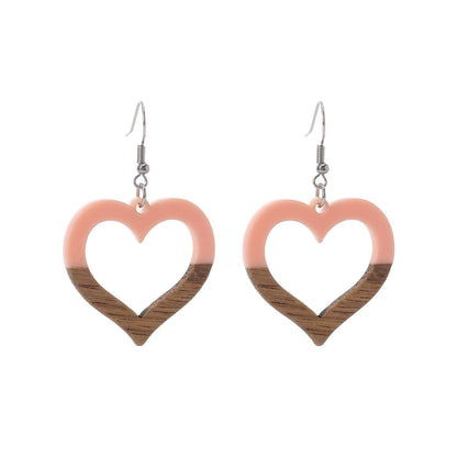 Pink Resin & Wood Silvertone Open Heart Hook Earrings