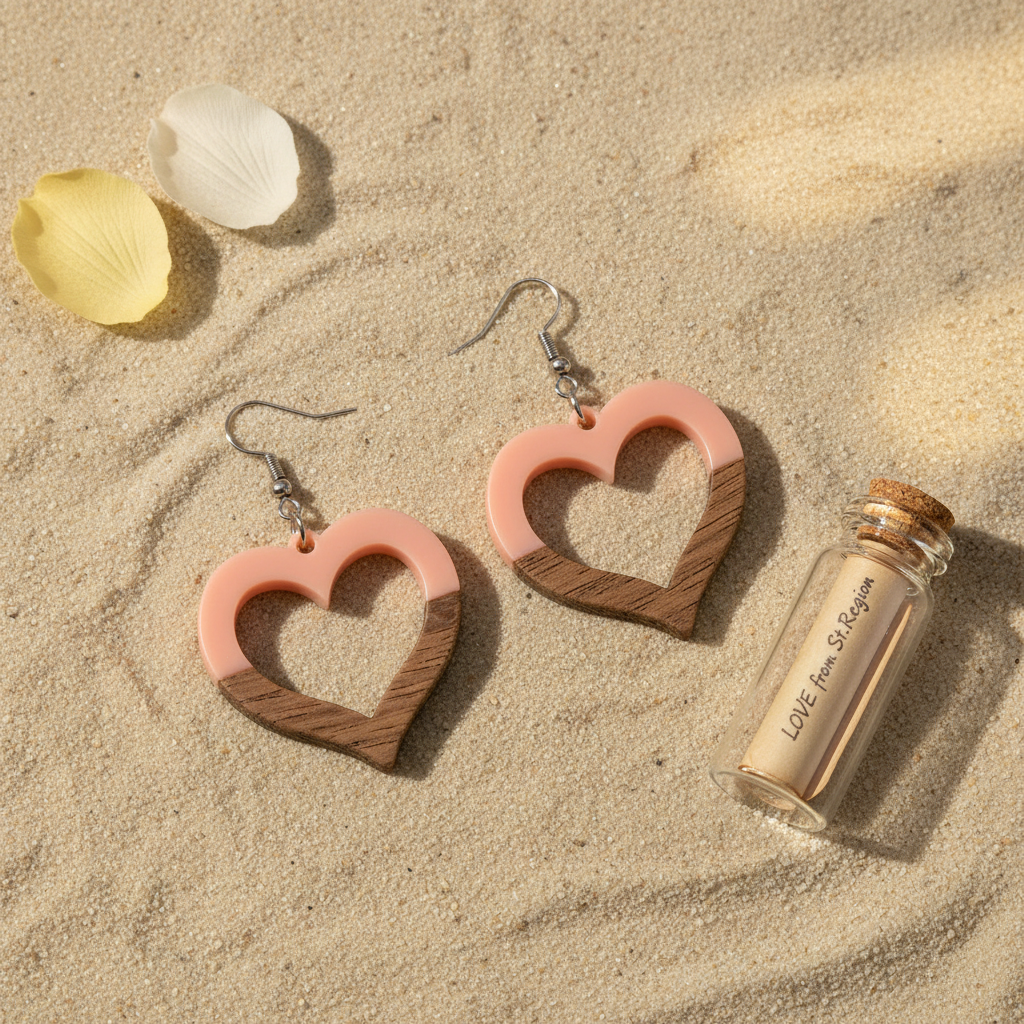 Pink Resin & Wood Silvertone Open Heart Hook Earrings