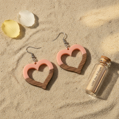 Pink Resin & Wood Silvertone Open Heart Hook Earrings