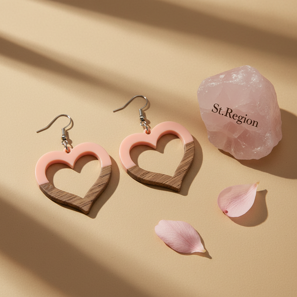 Pink Resin & Wood Silvertone Open Heart Hook Earrings