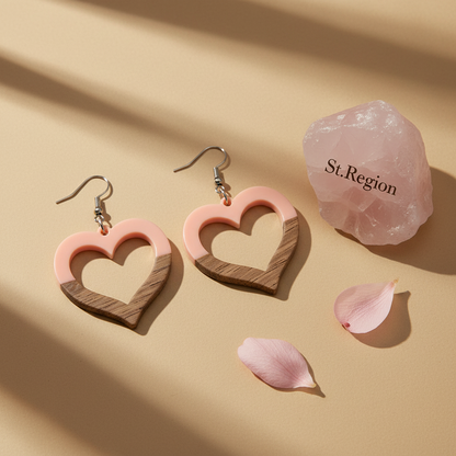 Pink Resin & Wood Silvertone Open Heart Hook Earrings