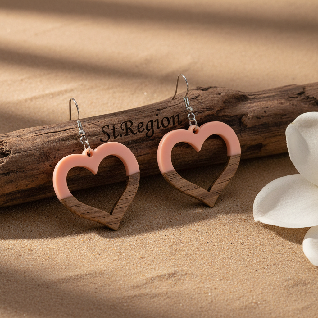 Pink Resin & Wood Silvertone Open Heart Hook Earrings
