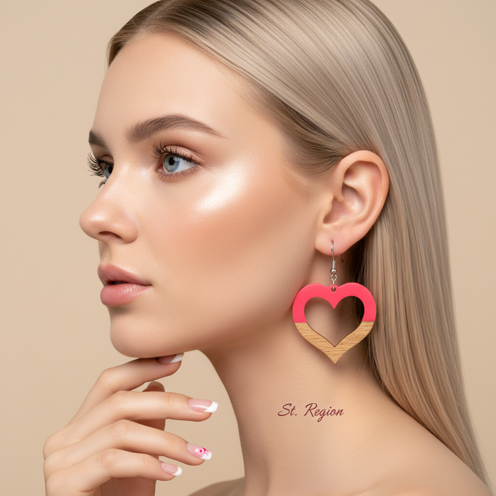Rose Resin & Wood Silvertone Open Heart Hook Earrings