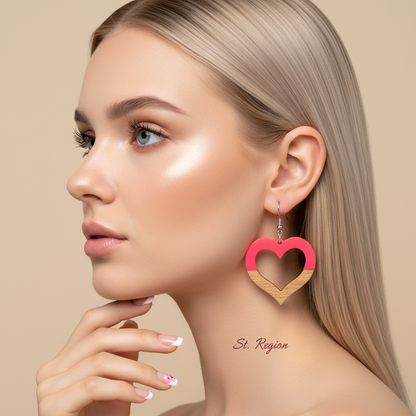 Rose Resin & Wood Silvertone Open Heart Hook Earrings
