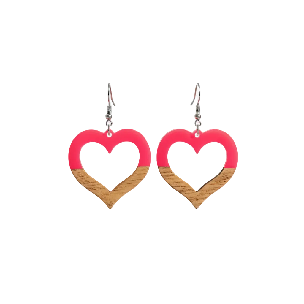 Rose Resin & Wood Silvertone Open Heart Hook Earrings