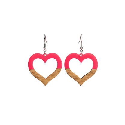 Rose Resin & Wood Silvertone Open Heart Hook Earrings