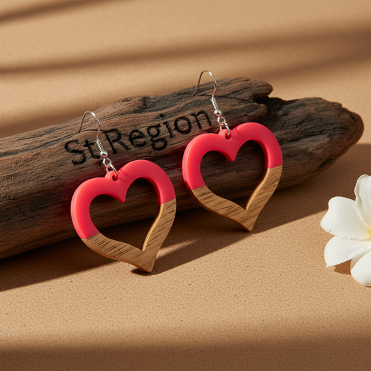 Rose Resin & Wood Silvertone Open Heart Hook Earrings