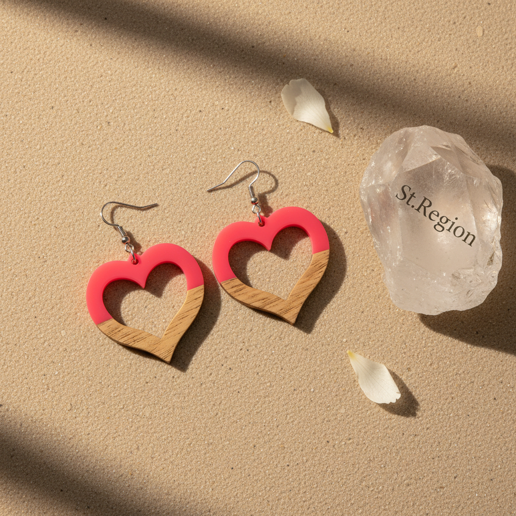 Rose Resin & Wood Silvertone Open Heart Hook Earrings