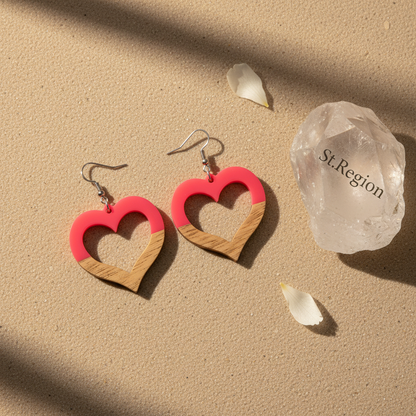 Rose Resin & Wood Silvertone Open Heart Hook Earrings