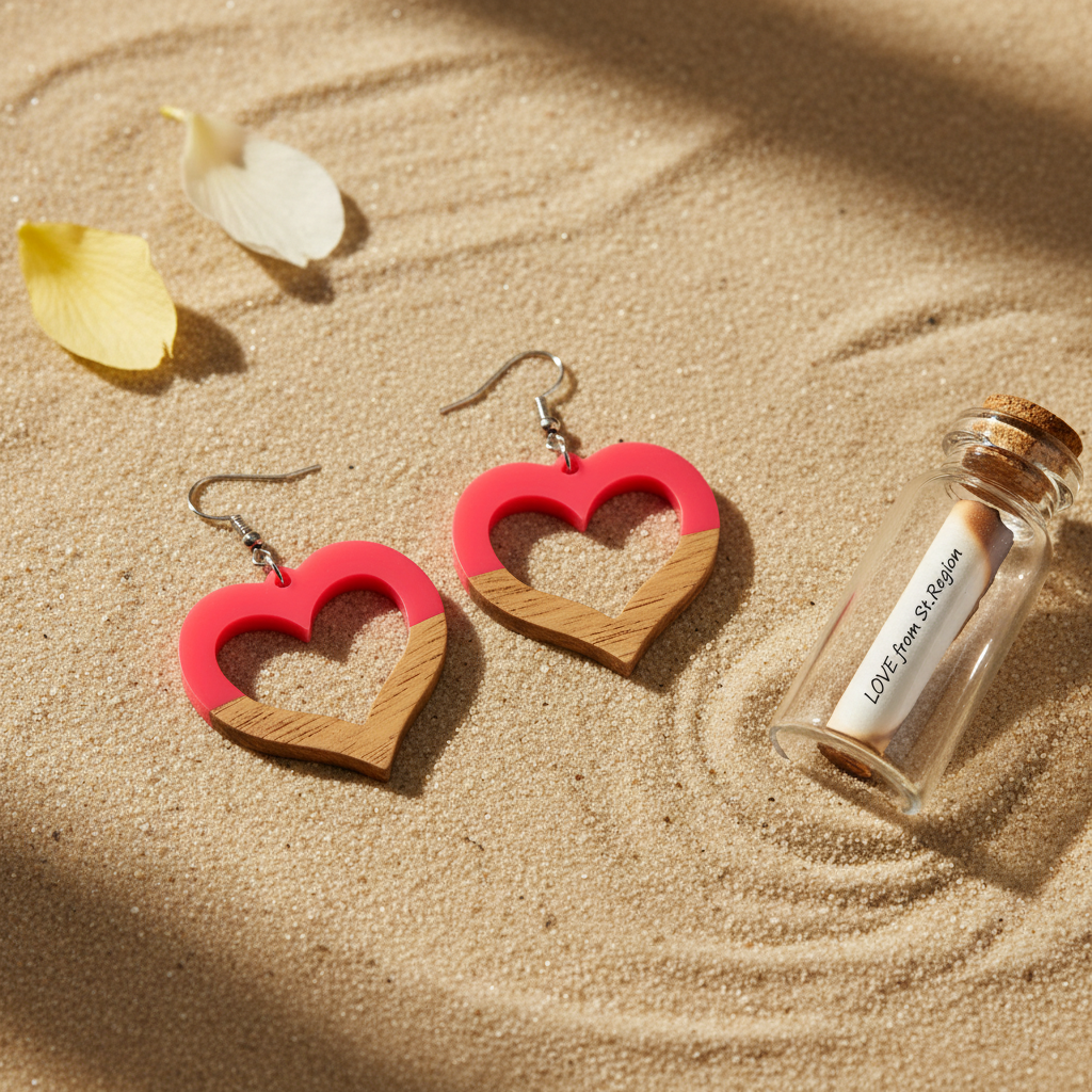 Rose Resin & Wood Silvertone Open Heart Hook Earrings