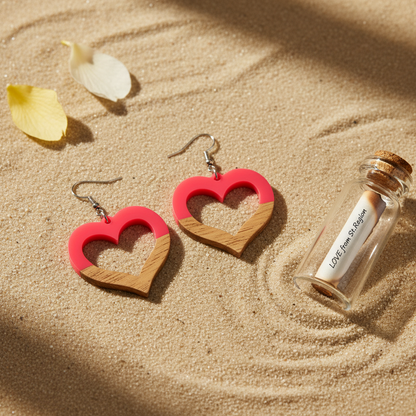Rose Resin & Wood Silvertone Open Heart Hook Earrings