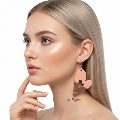 Pink Resin & Wood Silvertone Heart Hook Earrings