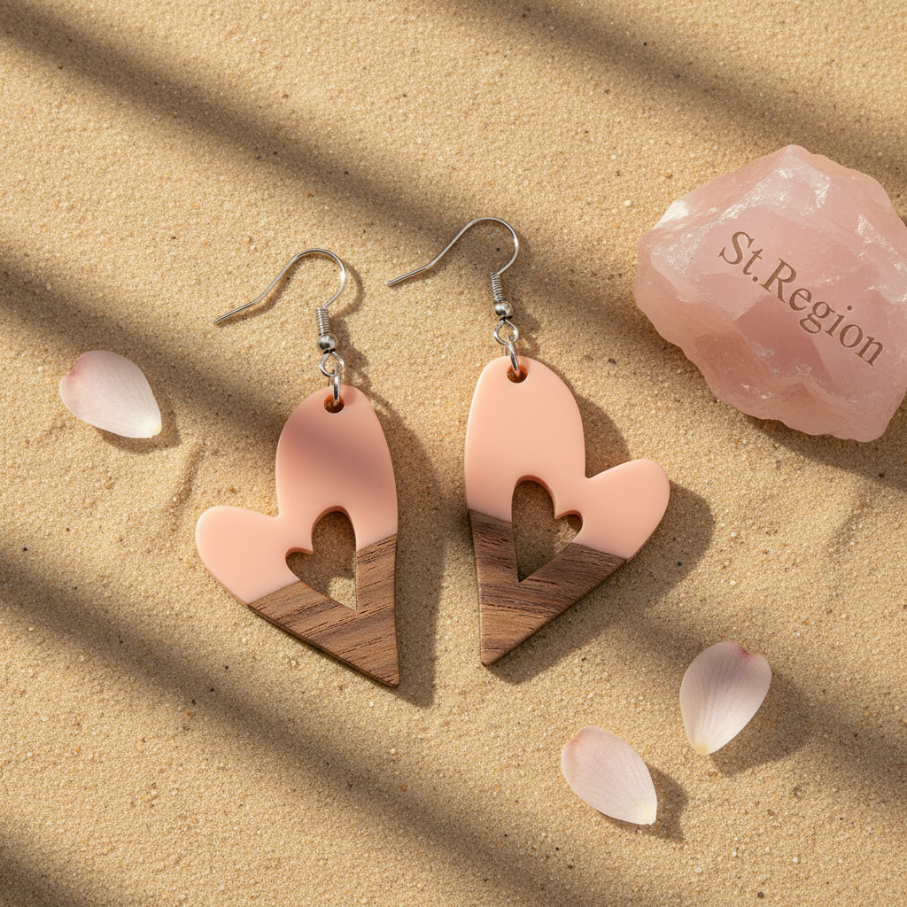 Pink Resin & Wood Silvertone Heart Hook Earrings