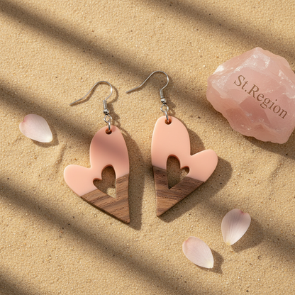 Pink Resin & Wood Silvertone Heart Hook Earrings