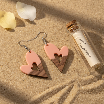 Pink Resin & Wood Silvertone Heart Hook Earrings