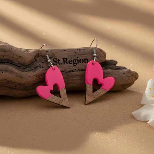 Rose Resin & Wood Silvertone Heart Hook Earrings