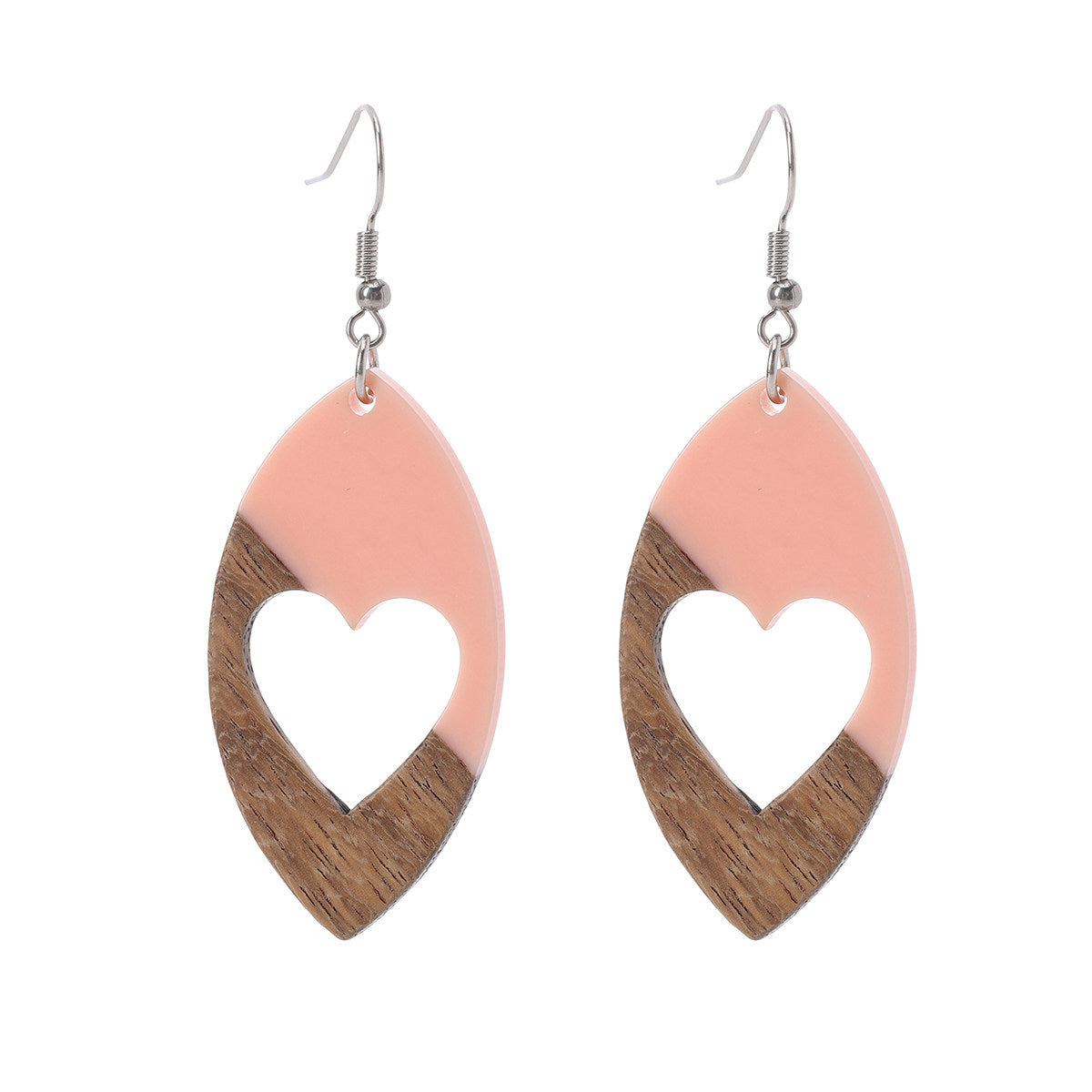 Pink Resin & Wood Silvertone Heart Leaf Hook Earrings