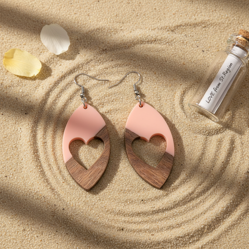 Pink Resin & Wood Silvertone Heart Leaf Hook Earrings