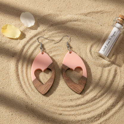 Pink Resin & Wood Silvertone Heart Leaf Hook Earrings