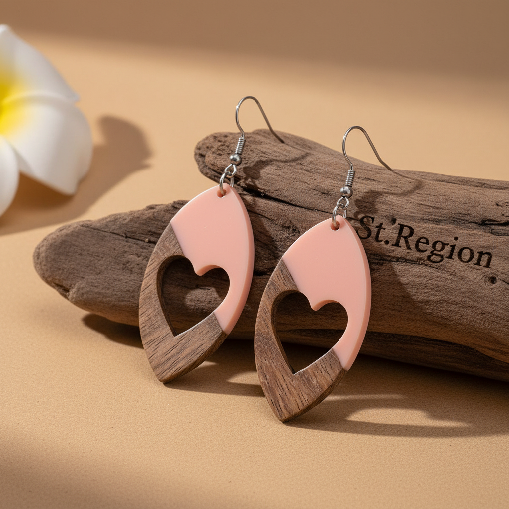 Pink Resin & Wood Silvertone Heart Leaf Hook Earrings