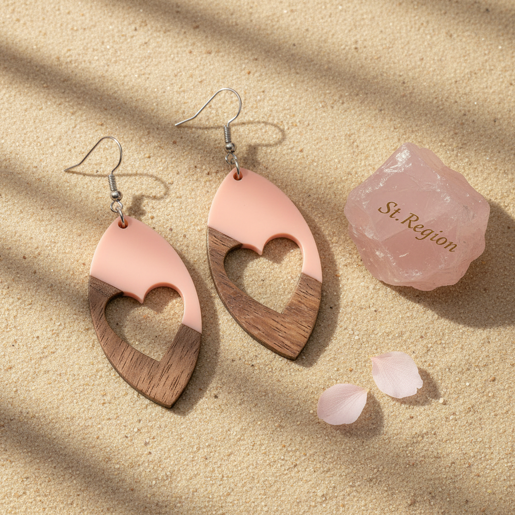 Pink Resin & Wood Silvertone Heart Leaf Hook Earrings