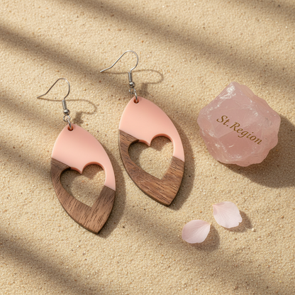 Pink Resin & Wood Silvertone Heart Leaf Hook Earrings