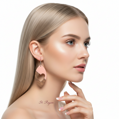 Pink Resin & Wood Silvertone Heart Leaf Hook Earrings