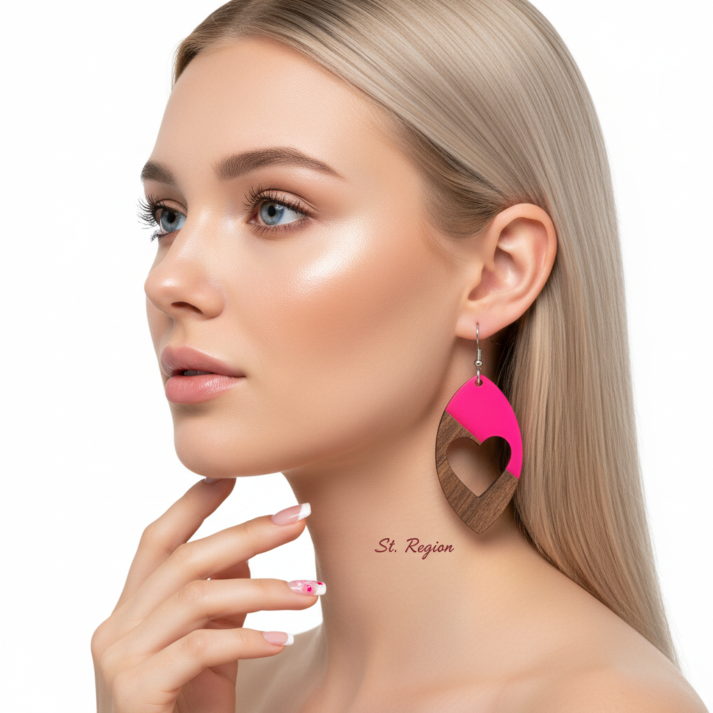 Rose Resin & Wood Silvertone Heart Leaf Hook Earrings