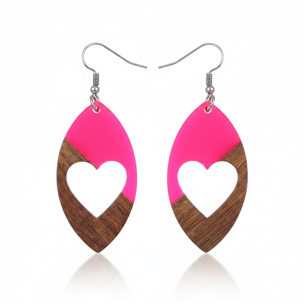 Rose Resin & Wood Silvertone Heart Leaf Hook Earrings