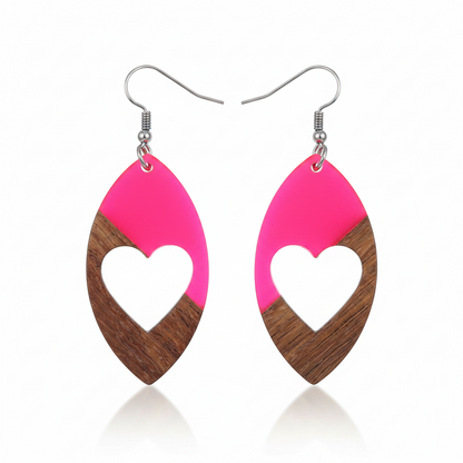 Rose Resin & Wood Silvertone Heart Leaf Hook Earrings