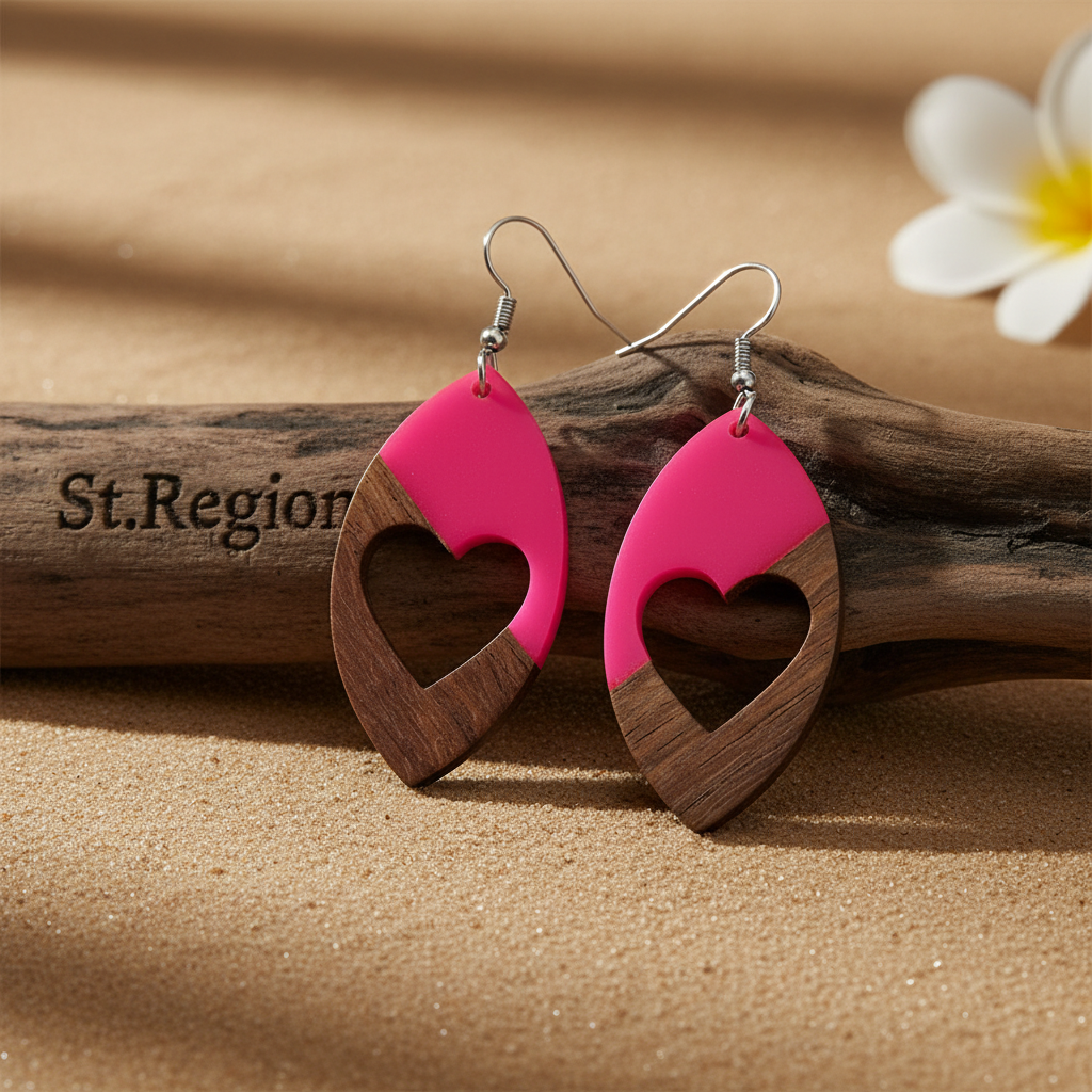 Rose Resin & Wood Silvertone Heart Leaf Hook Earrings