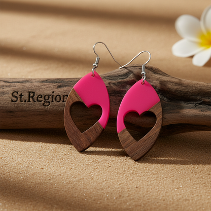 Rose Resin & Wood Silvertone Heart Leaf Hook Earrings