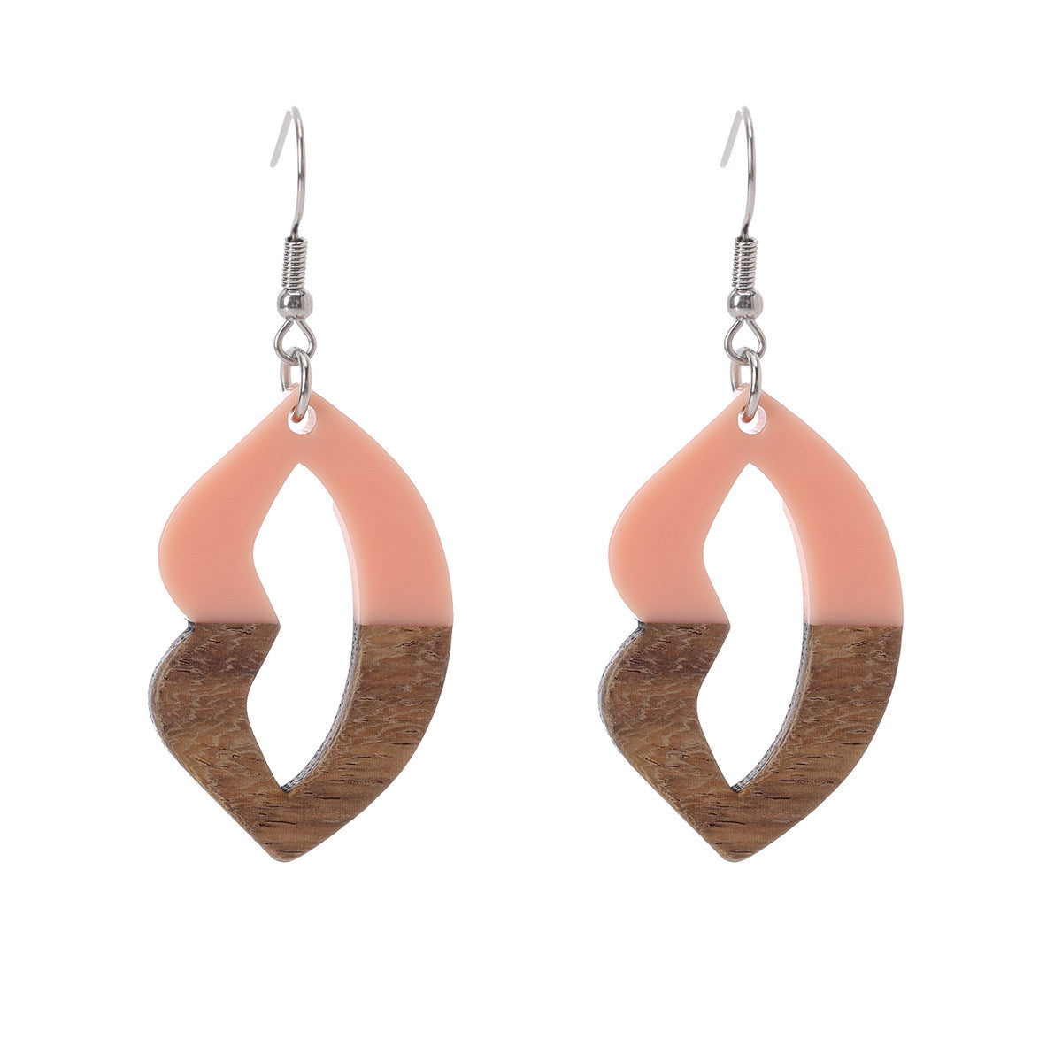Pink Resin & Wood Silvertone Lips Hook Earrings