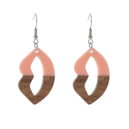 Pink Resin & Wood Silvertone Lips Hook Earrings