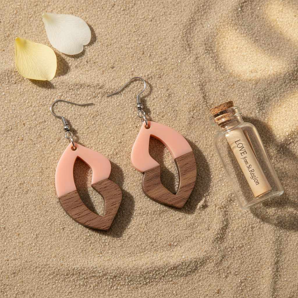 Pink Resin & Wood Silvertone Lips Hook Earrings