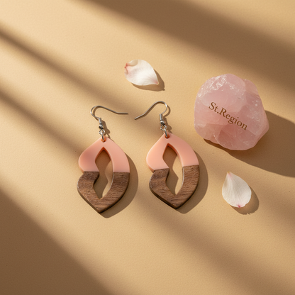Pink Resin & Wood Silvertone Lips Hook Earrings