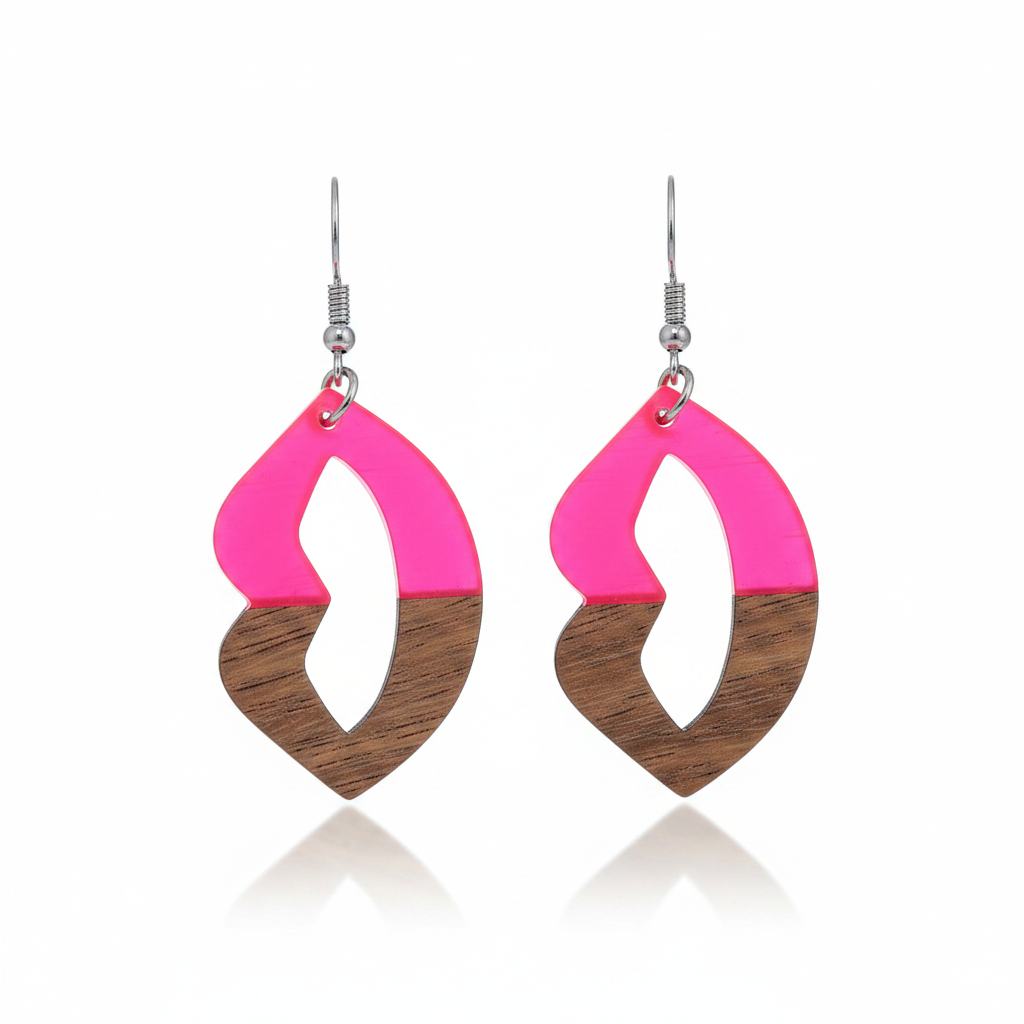 Rose Resin & Wood Silvertone Lips Hook Earrings