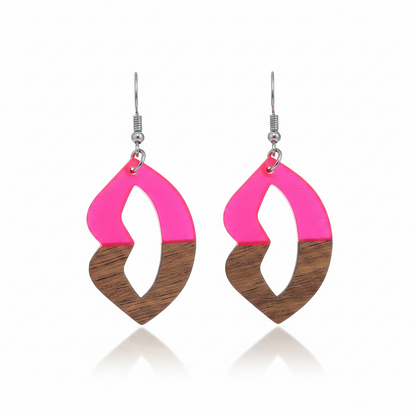 Rose Resin & Wood Silvertone Lips Hook Earrings