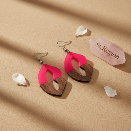 Rose Resin & Wood Silvertone Lips Hook Earrings