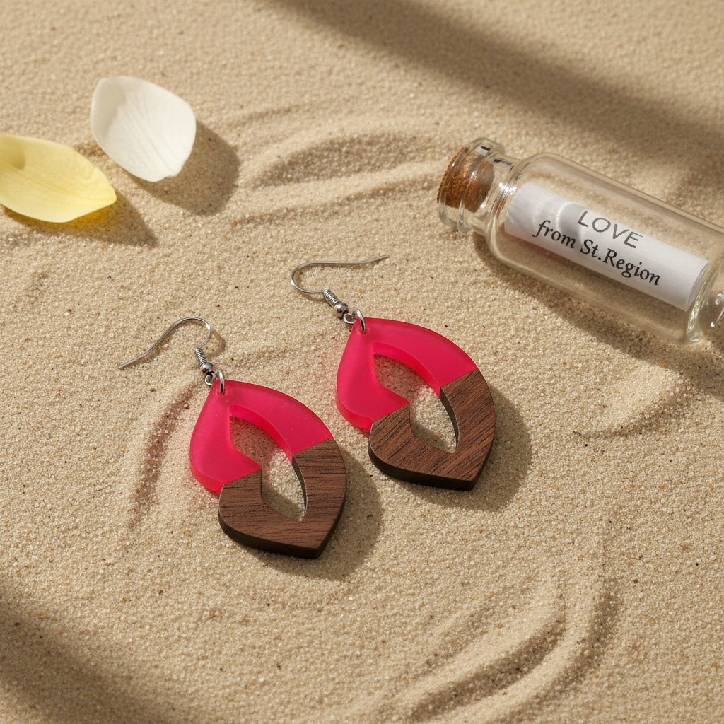 Rose Resin & Wood Silvertone Lips Hook Earrings