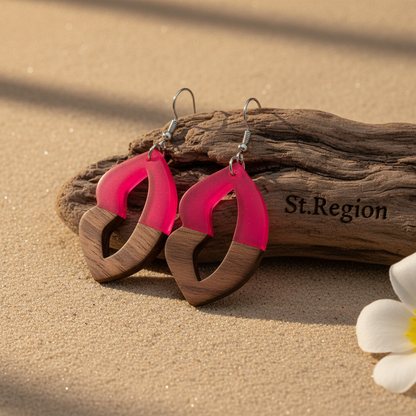 Rose Resin & Wood Silvertone Lips Hook Earrings