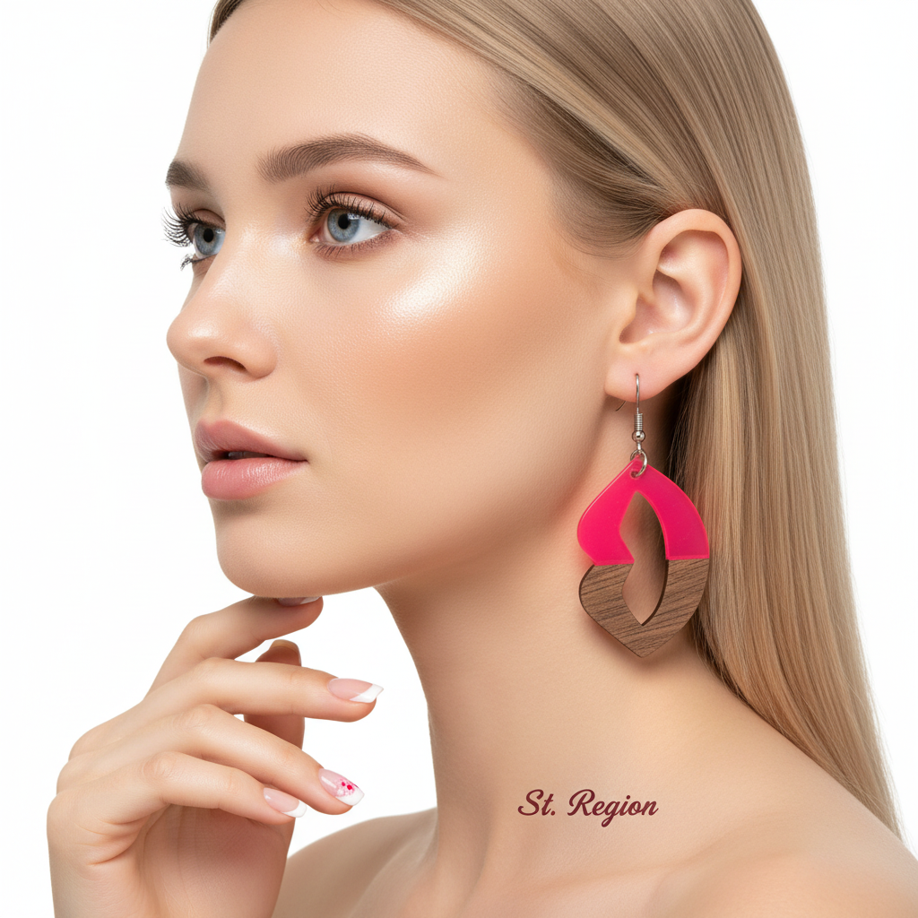 Rose Resin & Wood Silvertone Lips Hook Earrings