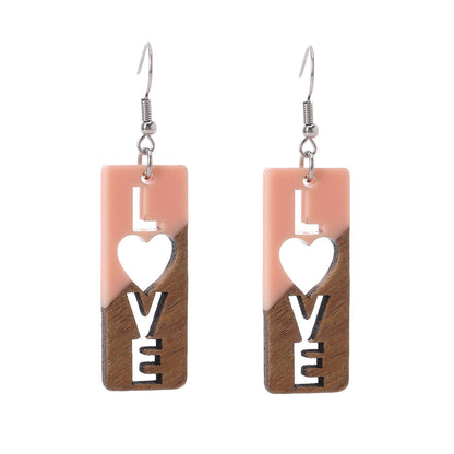 Pink Resin & Wood Silvertone 'Love' Hook Earrings