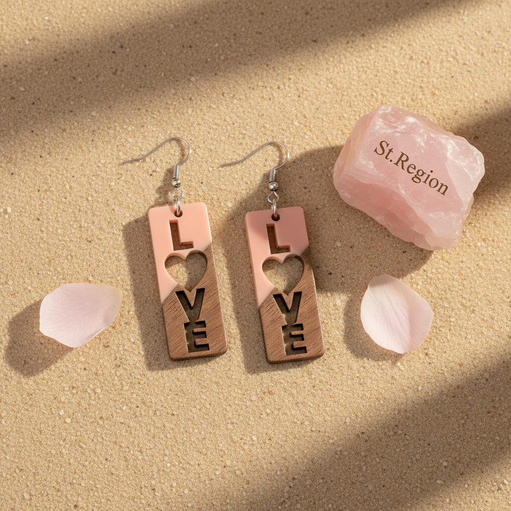 Pink Resin & Wood Silvertone 'Love' Hook Earrings