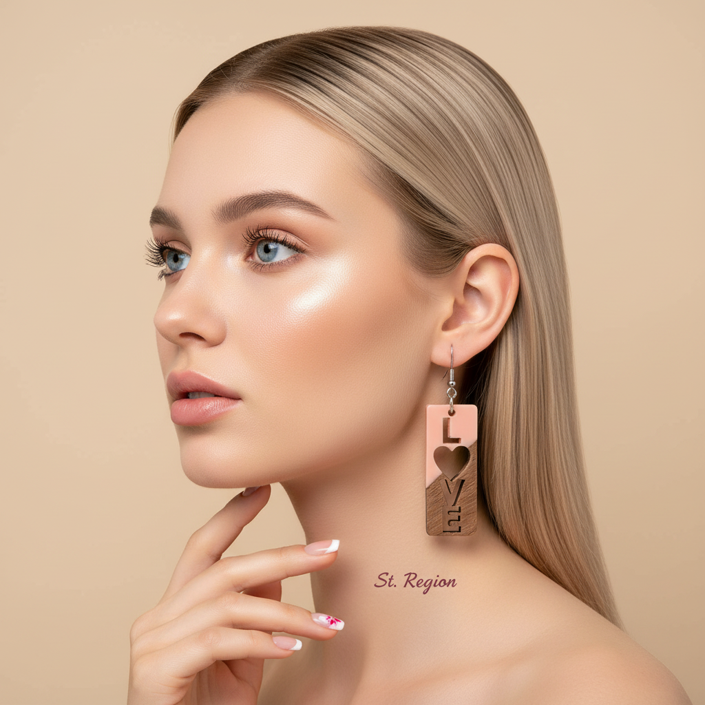 Pink Resin & Wood Silvertone 'Love' Hook Earrings