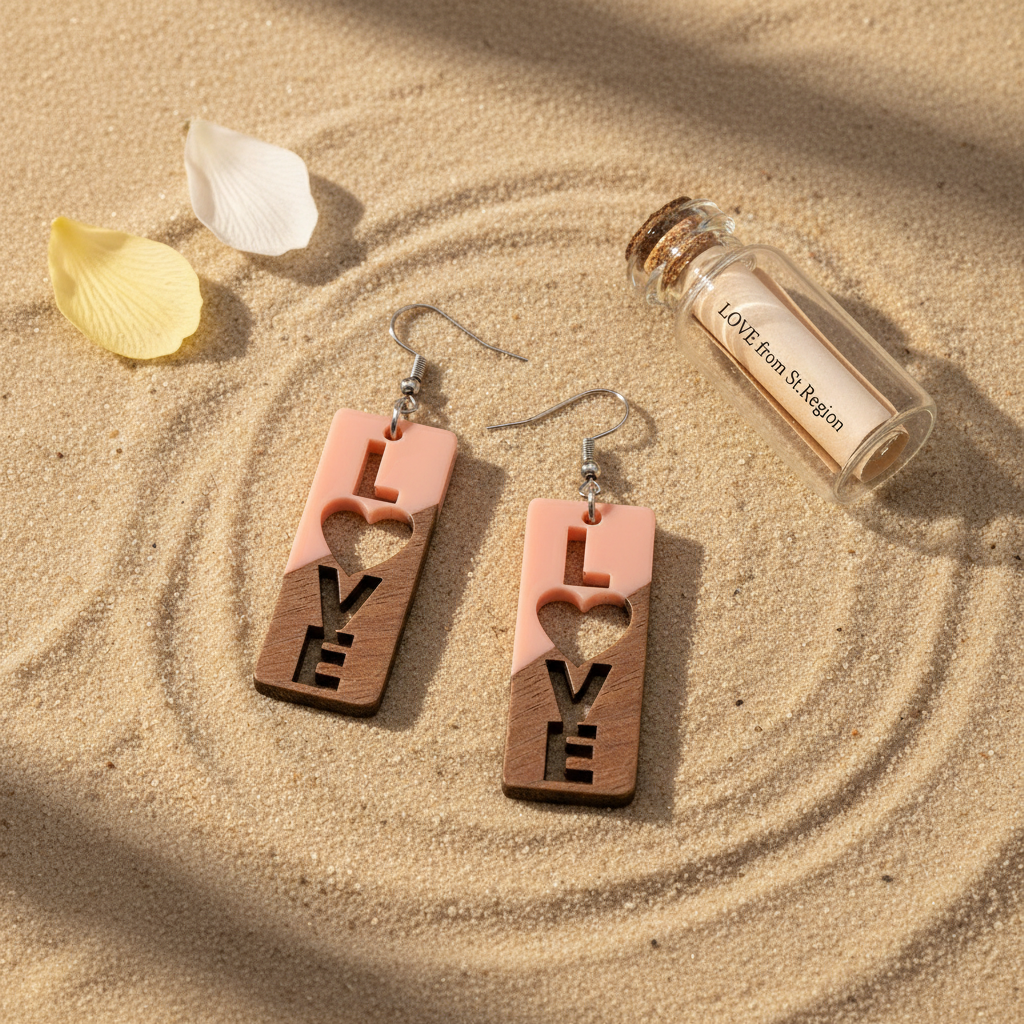 Pink Resin & Wood Silvertone 'Love' Hook Earrings