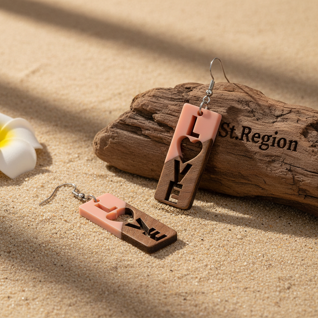 Pink Resin & Wood Silvertone 'Love' Hook Earrings