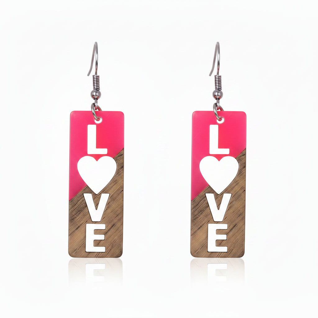 Rose Resin & Wood Silvertone 'Love' Hook Earrings